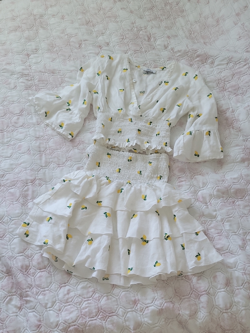 T.J.Maxx White Lemon-Print Ruffle Two-Piece Dress